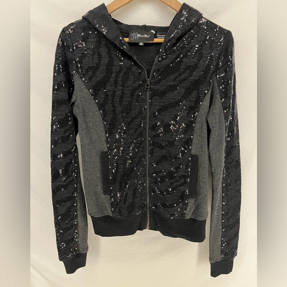 Miss Me Y2K Zebra Print Sequin Studded Zip Up Hoodie Jacket Size S